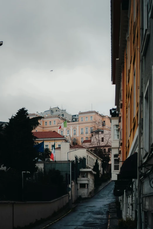 a city street with a sky line in the background