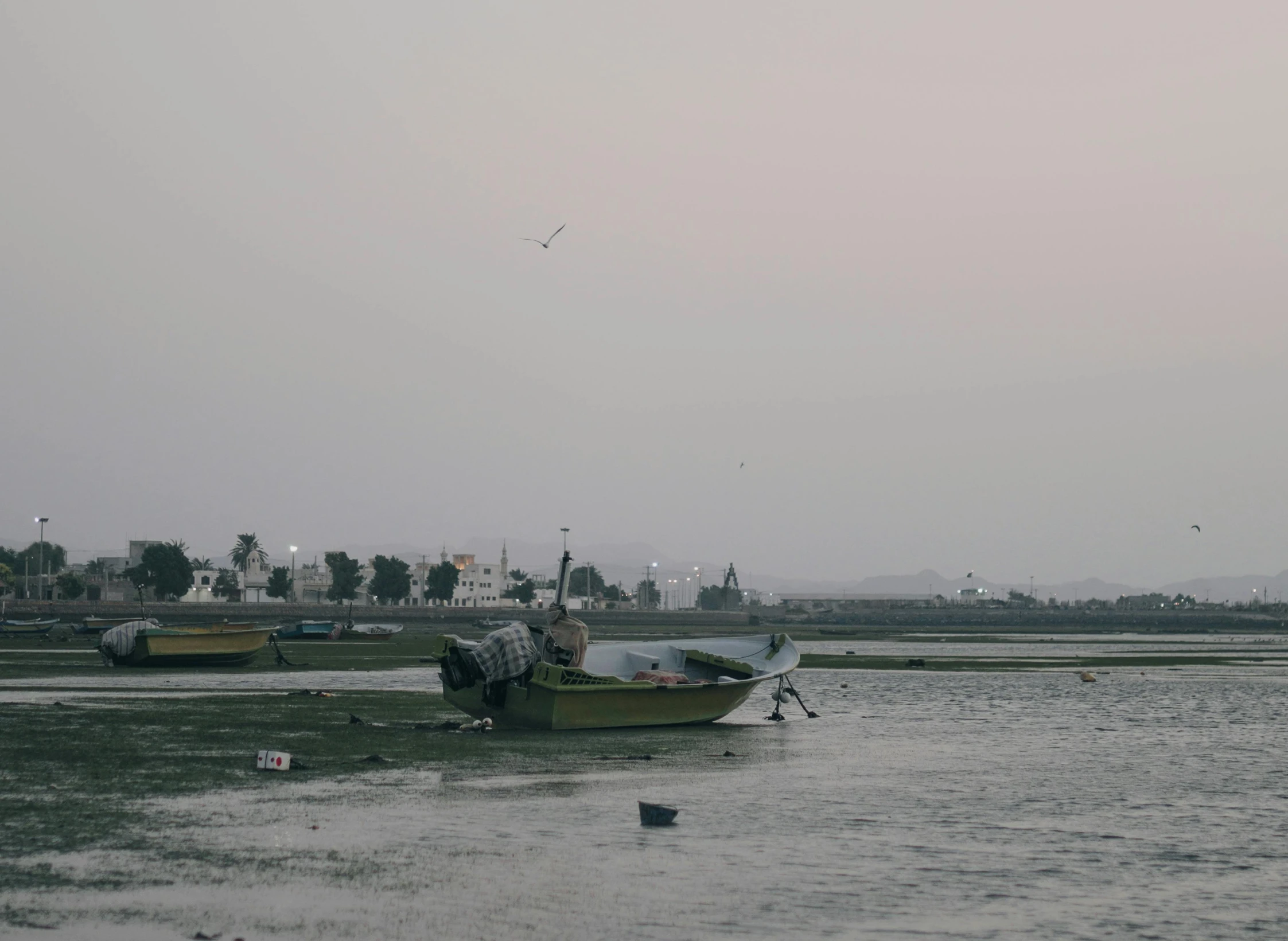 a small boat is sitting in shallow water near a body of water