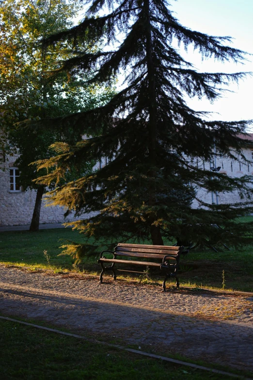 an empty park bench is in front of the house