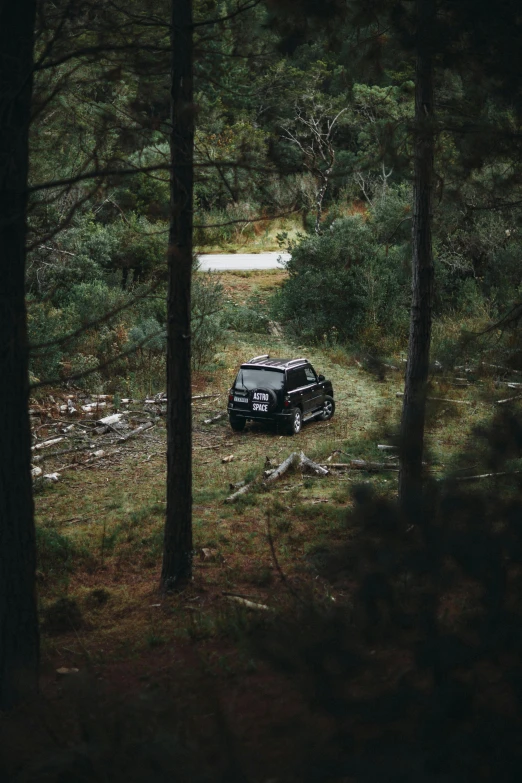 a car parked on the side of a road between trees