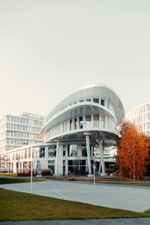 a building in a large, modern building surrounded by some tall buildings