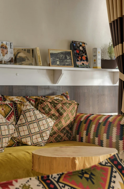 a living room with a wooden table in it