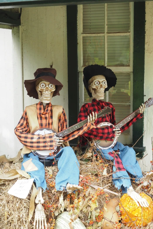 two fake human skeletons playing guitar instruments sit on hay