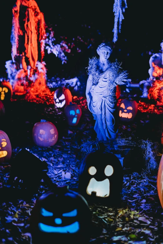 halloween pumpkins and ghost heads glow in the dark