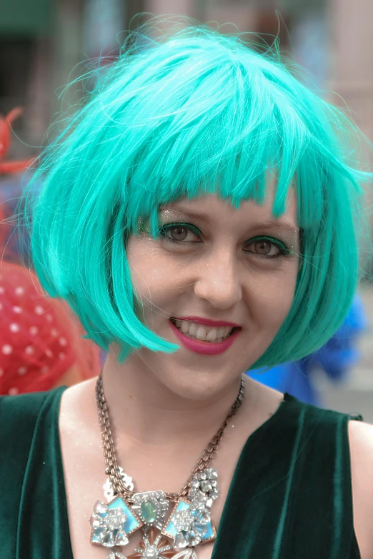 an image of a woman with a green wig