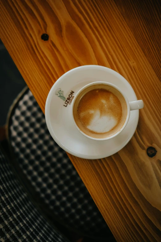 a cappuccino in a white saucer is set on a wooden table