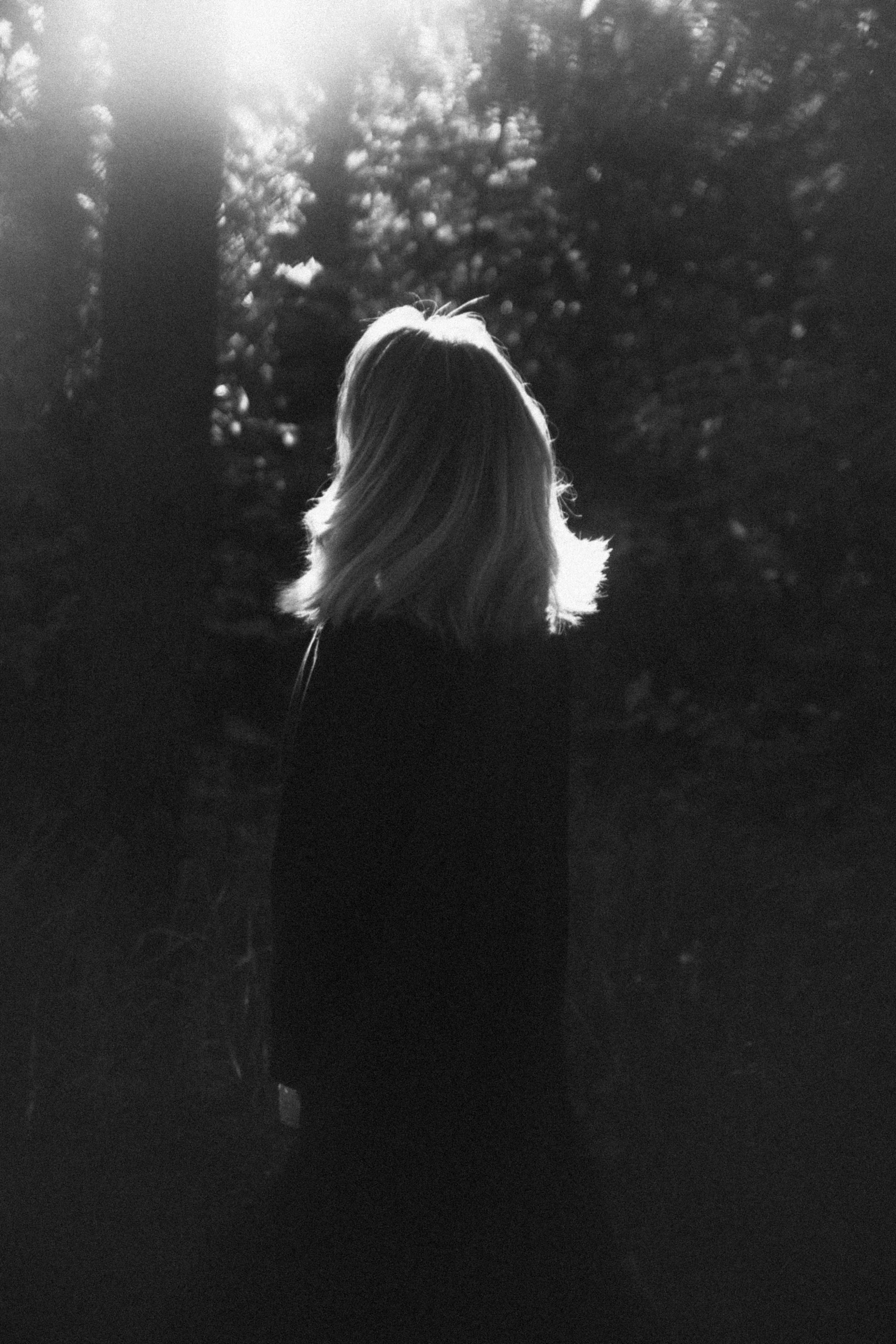 black and white pograph of woman in forest, sunbeams over trees