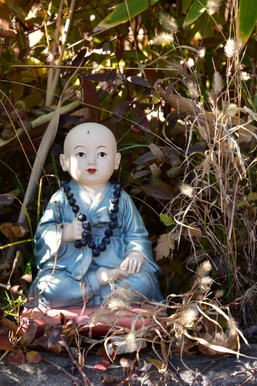 a buddha statue sitting in the middle of some grass