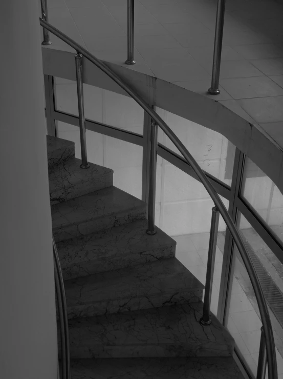 a black and white po of stairs with hand rails