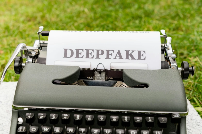 a miniature typewriter displaying the word deffake,