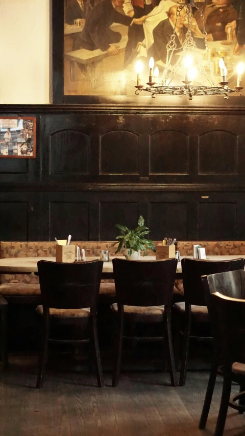 a restaurant with tables and chairs is shown