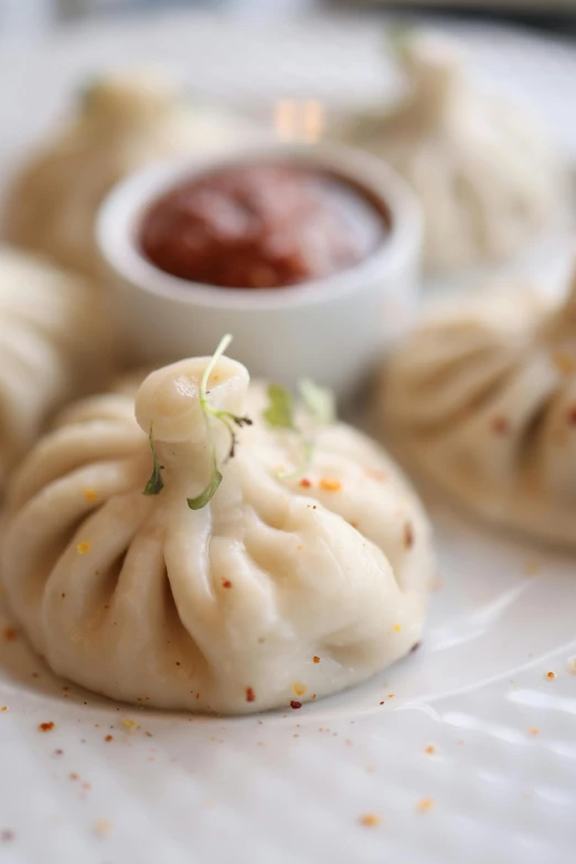 small dumplings sitting on a plate with dipping sauce