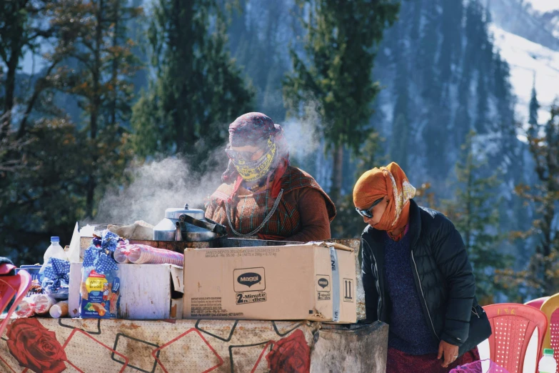 an animal is wearing an orange hat and a woman in a hat looks over some boxes at snow - capped trees