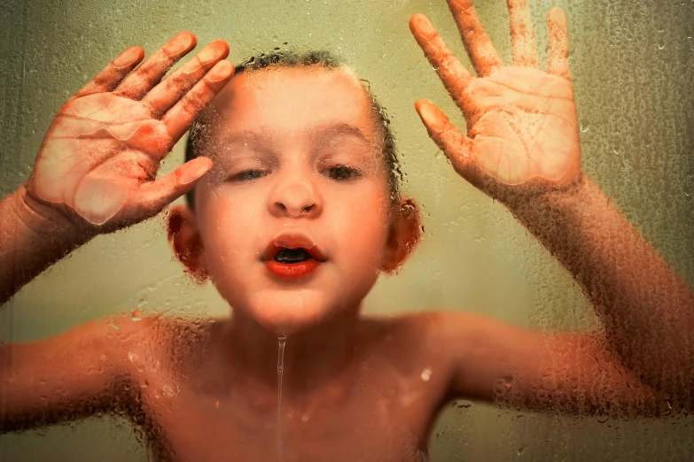 a child covered in hand sprays while his hands are spread out to the side