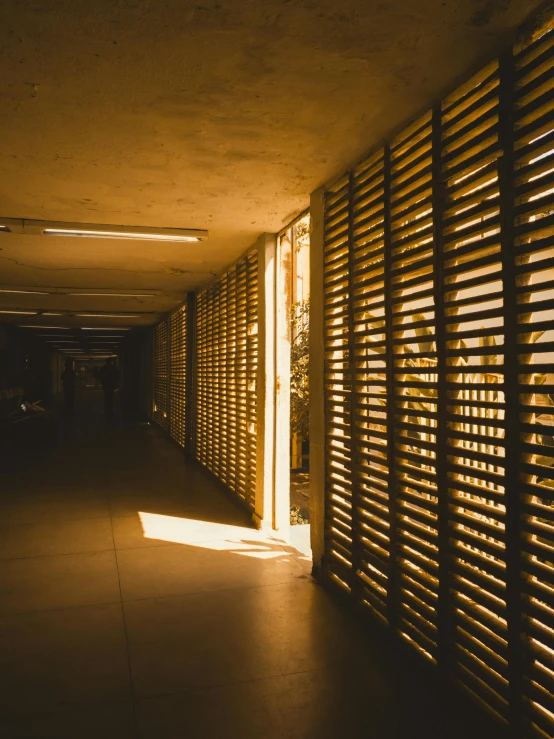 an indoor area with a wall of windows