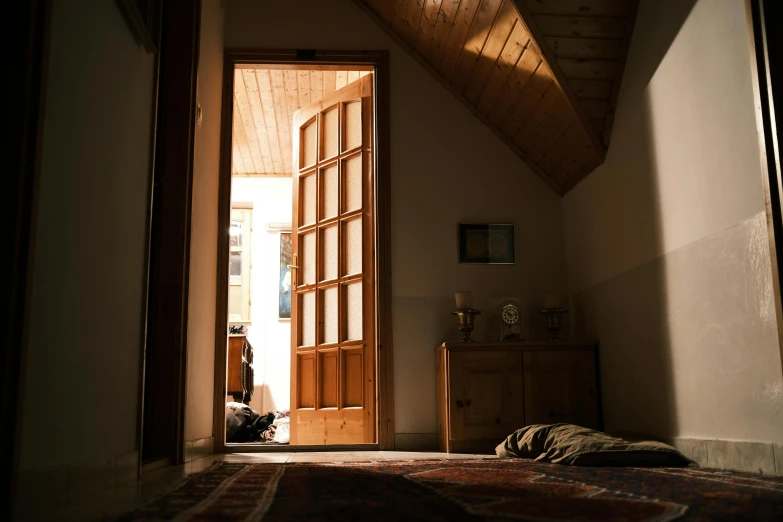 a dimly lit room with a wooden door and rug on the floor