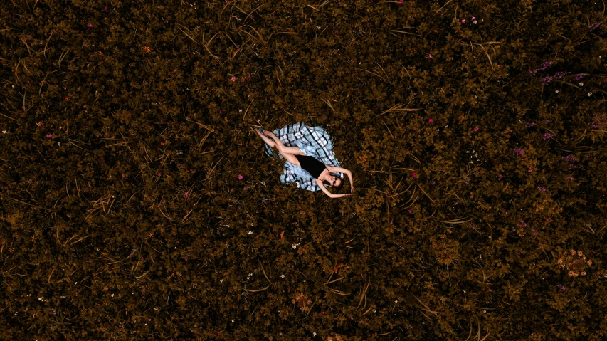 an aerial view of a person lying down in a field