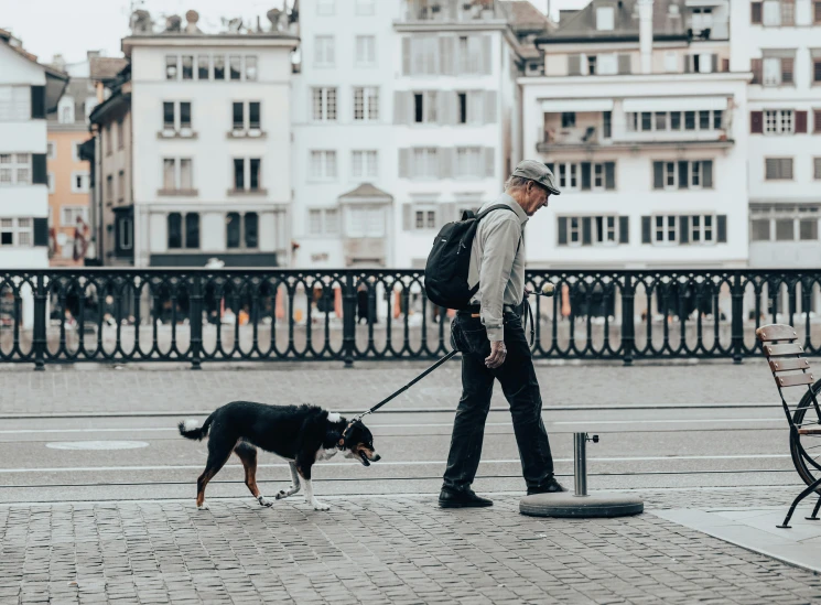 man with backpack walking his dog near many old buildings