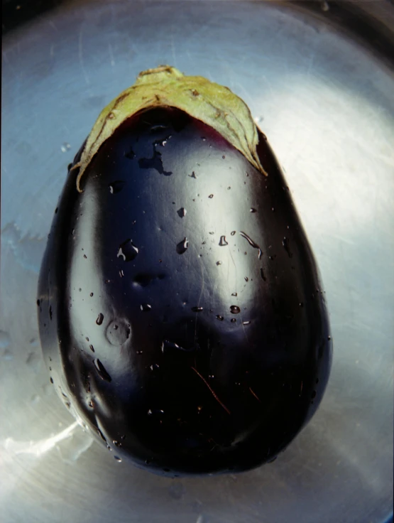 an eggplant in a bowl that is wet and the stem is yellow