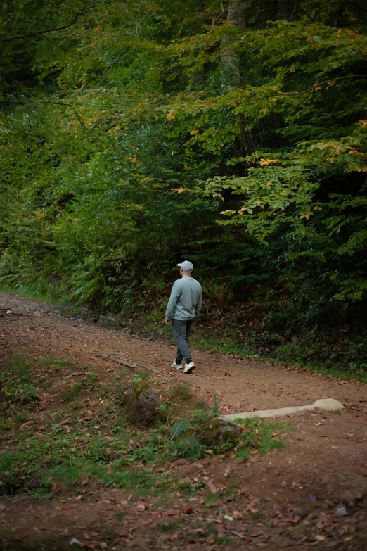 a man walking down a dirt road in a forest