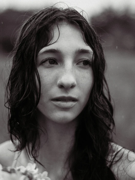 a close up of a person with long hair