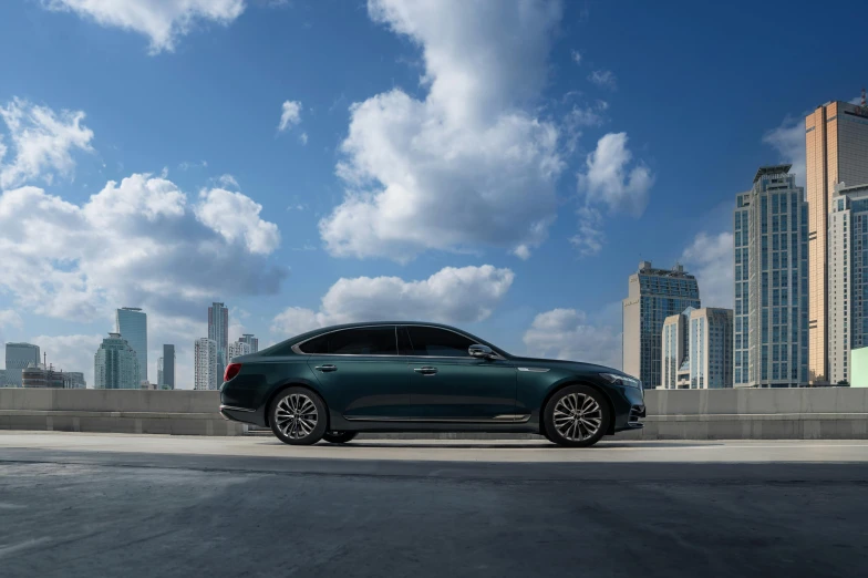 a suv parked in front of a tall city