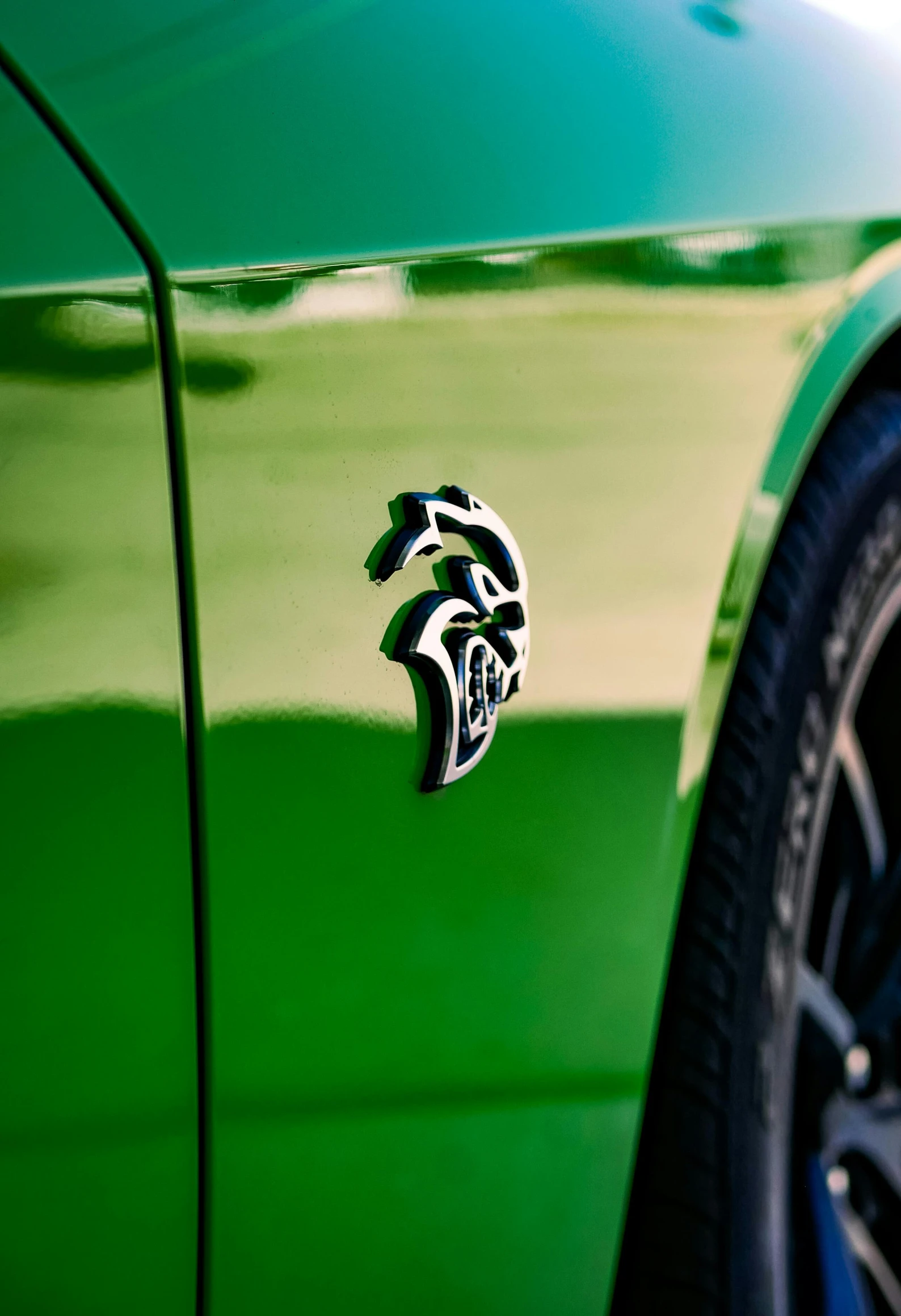 the back end of a green mustang