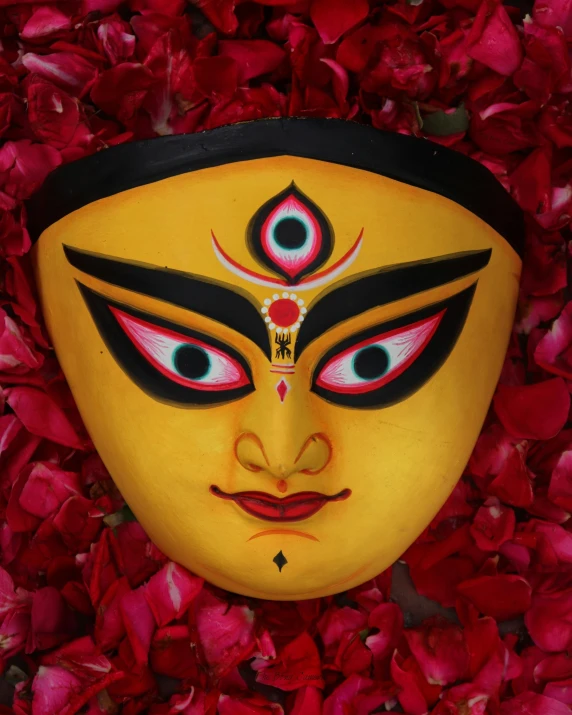 a mask is shown sitting in the middle of some pink flowers