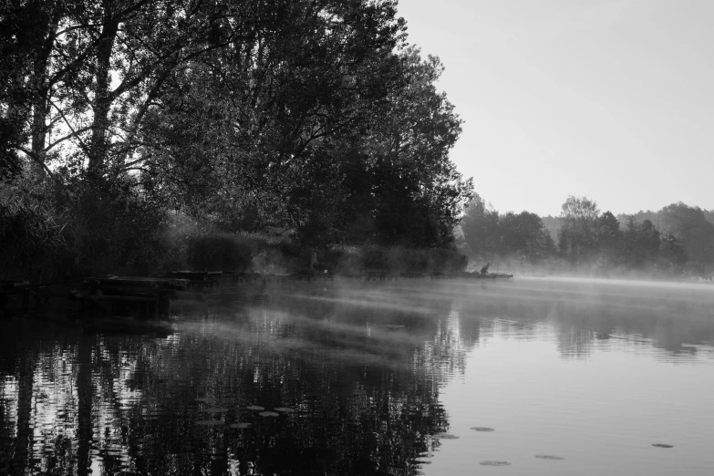 a lake with trees in the background and water reflecting it