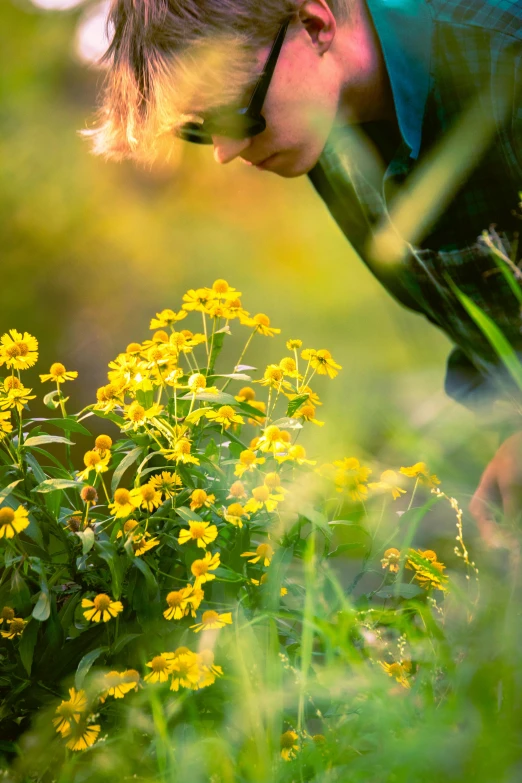 a man bends over to pick up flowers from a field