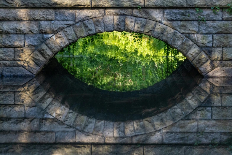 a stone wall with water and trees on it