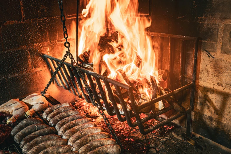 baked goods in front of a fire and burning logs