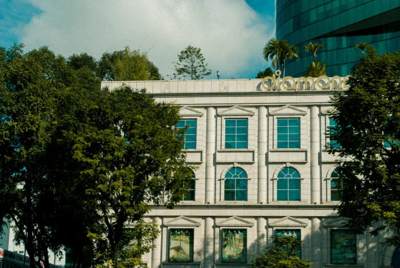 trees surround the large building that stands on the street