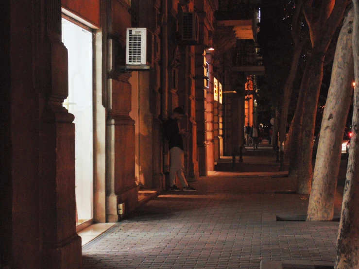 a person is looking out the door of an alley at night