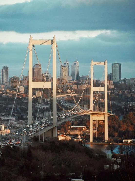 a city is shown with an overpass going across it