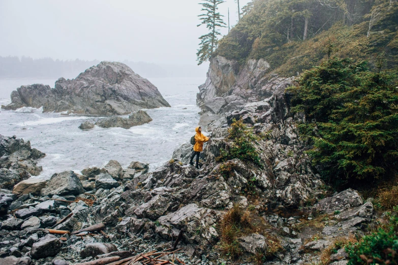 an overcast day at the edge of a rocky coastline with a person on a ledge standing over it