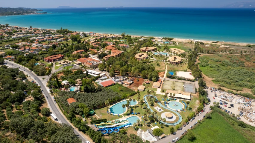 a bird's eye view of the beach and waterpark