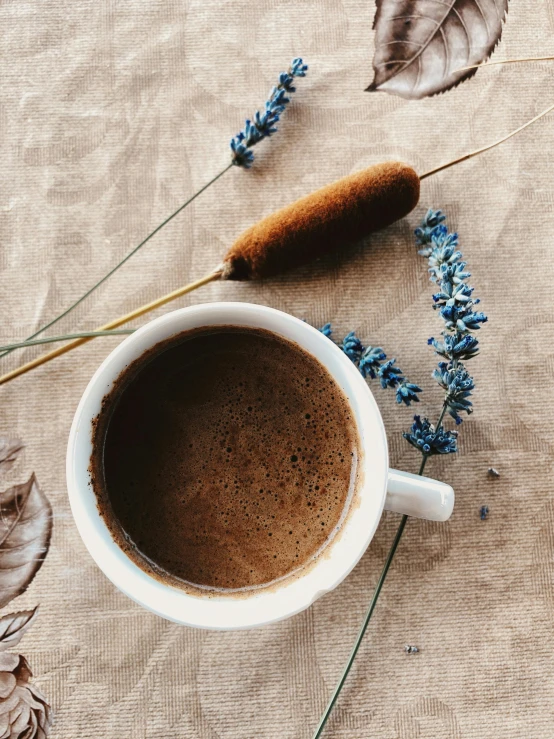 a cup filled with brown liquid surrounded by blue flowers