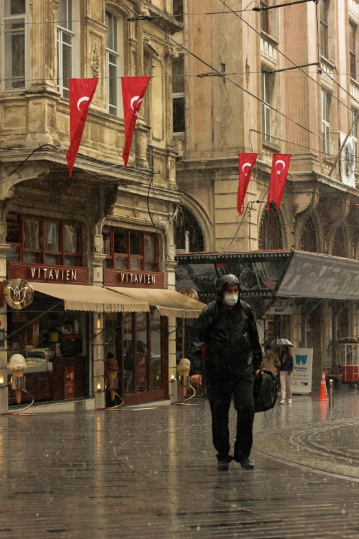 a man is walking down the street on a rainy day