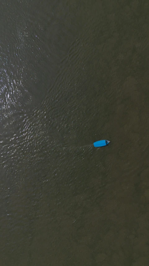 a blue canoe is seen floating on the water