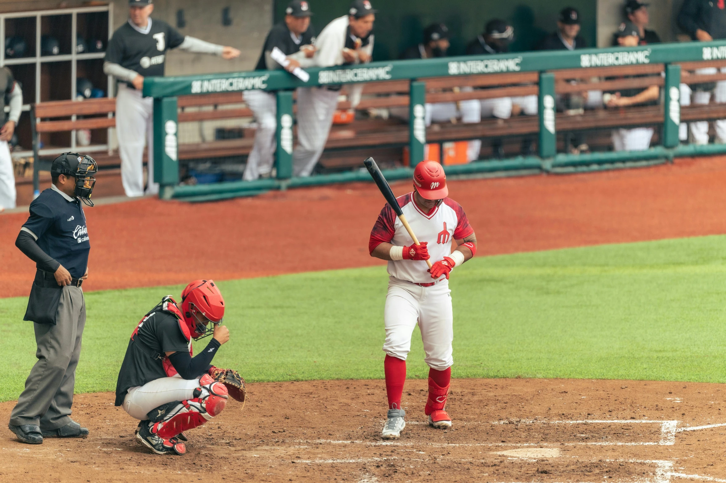 a batter and catcher standing next to home base