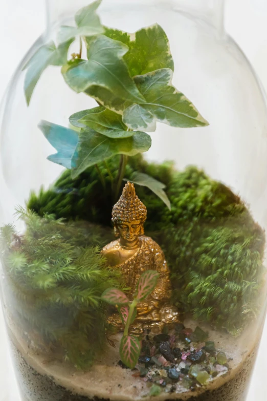 a little buddha statue sitting in the middle of some glass