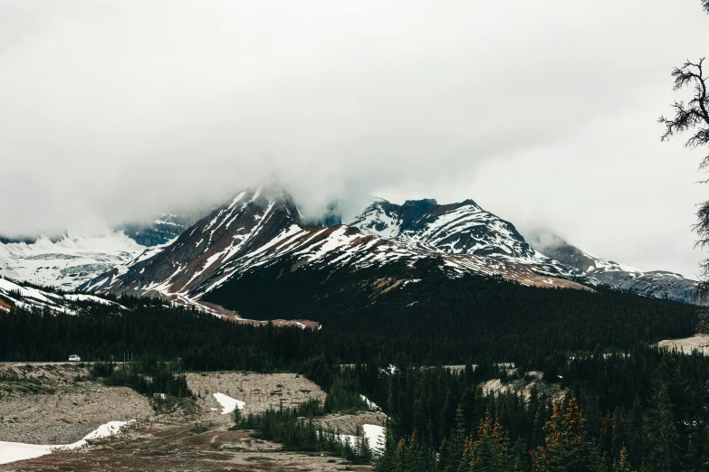 a mountain is surrounded by snow and trees