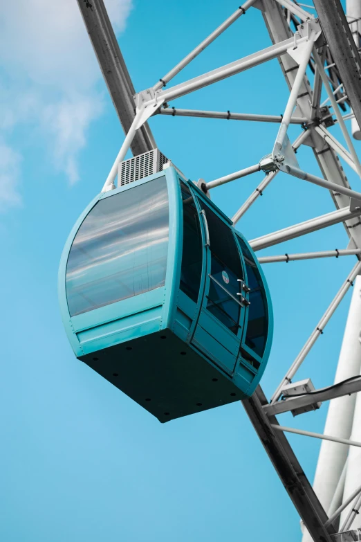 a closeup of a ferris wheel with a blue sky in the background