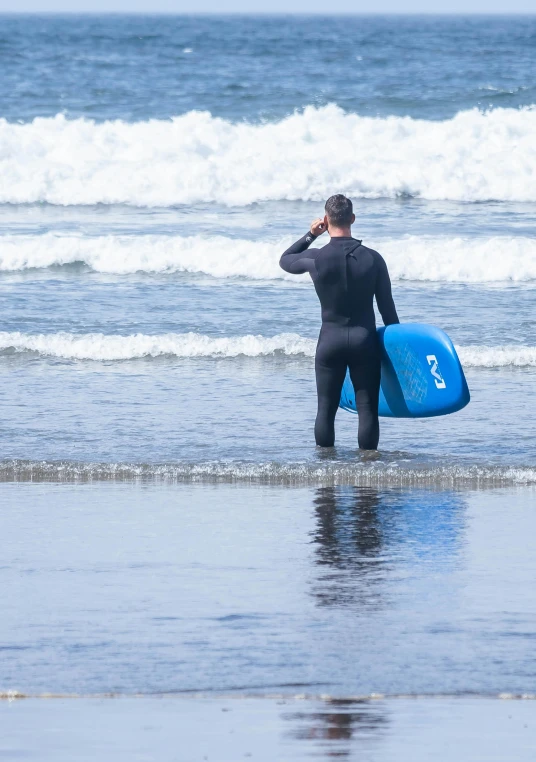 a man in a wet suit walking out to the ocean