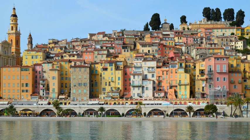 a colorful city is pictured on a sunny day