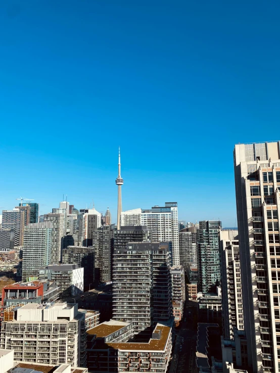 city buildings in a busy downtown area with a blue sky