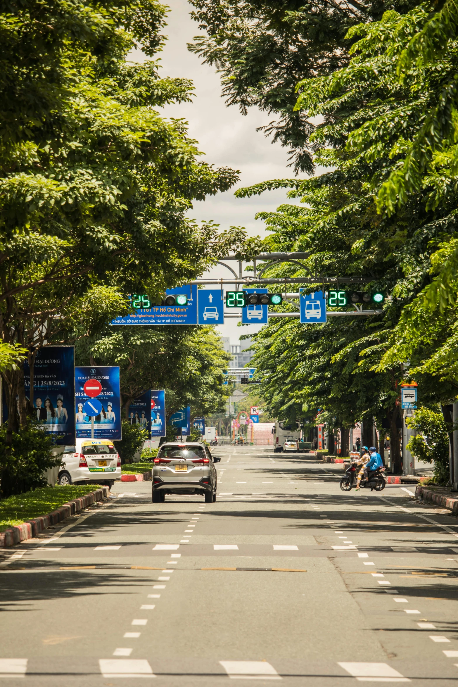 two people riding bicycles down a tree lined street