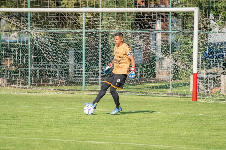 soccer player in a yellow outfit on a field with the ball