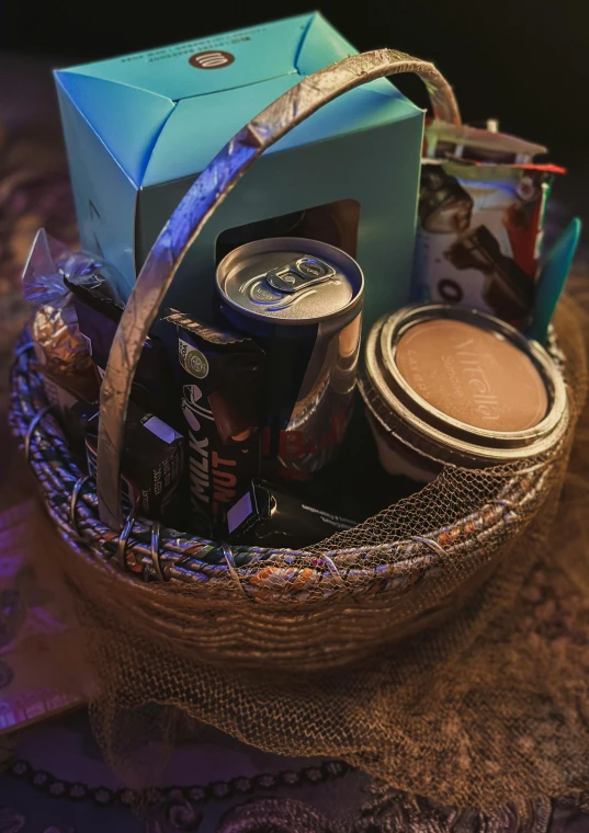 some beer is placed in a basket on the table